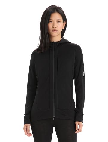 Black Women's Icebreaker Merino Quantum III Long Sleeve Zip Hoodie | USA 1678WNBY